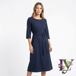 Hannah Canvas Designs Sapphire Blue Linen Midi Dress NWOT Pockets Tie Waist M